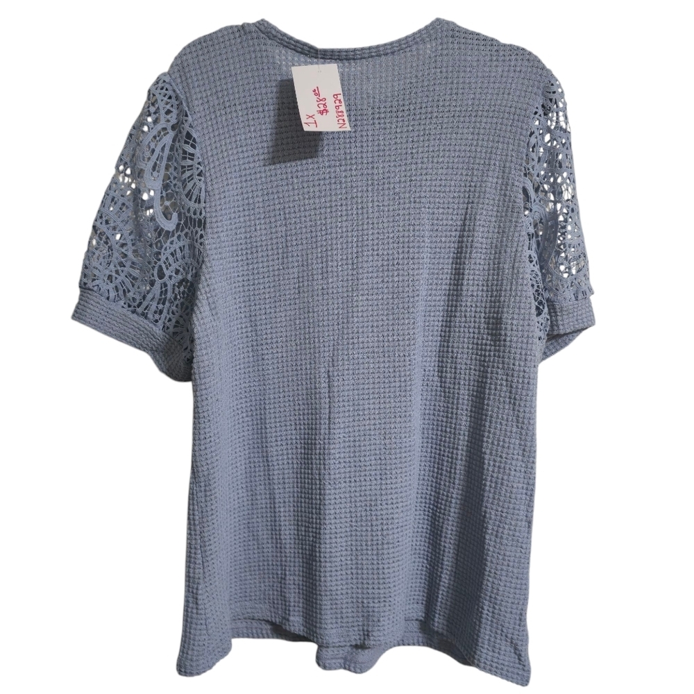 Women's Blue Knit Lace Sleeve Top Plus Size NWT - Picture 4 of 7